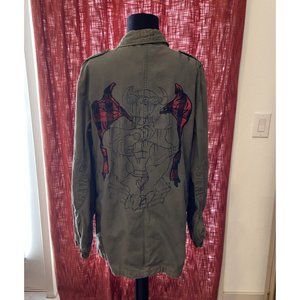 Vintage X-Ray Military Army Jacket Coat Gargoyle Embroidered Wings Grunge XL